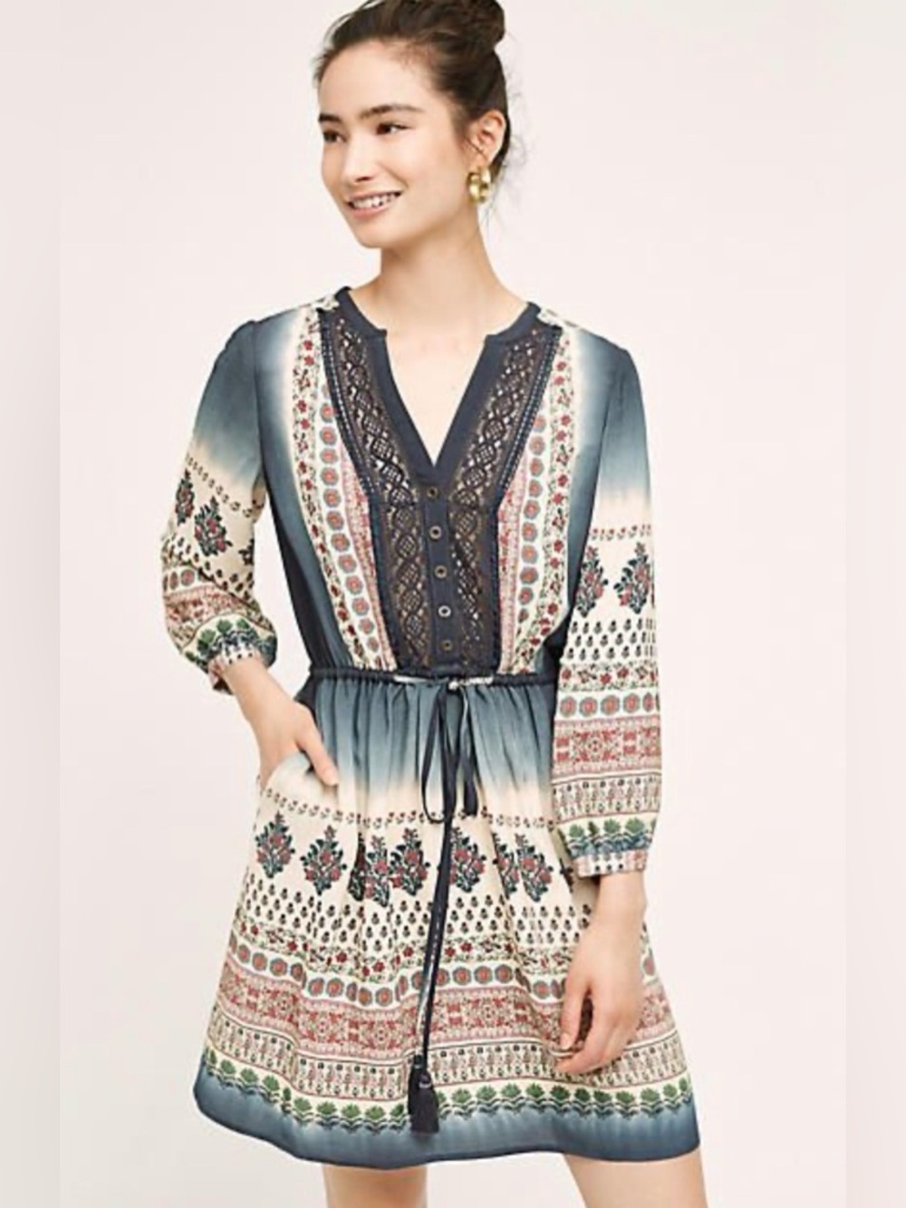 Anthropologie Floreat Boho Border Print Midi Dress Crochet Bib Tassel Tie Size 4